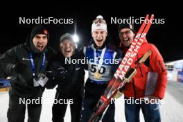 10.02.2024, Nove Mesto na Morave, Czechia (CZE): Sylvain Fanjas-Claret (FRA), Madshus Race Service, Sturla Holm Laegreid (NOR), Peter Blom (SWE), (l-r) - IBU World Championships Biathlon, sprint men, Nove Mesto na Morave (CZE). www.nordicfocus.com. © Manzoni/NordicFocus. Every downloaded picture is fee-liable.