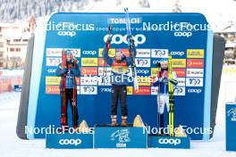 01.01.2024, Toblach, Italy (ITA): Victoria Carl (GER), Jessie Diggins (USA), Linn Svahn (SWE), (l-r) - FIS world cup cross-country, tour de ski, pursuit, Toblach (ITA). www.nordicfocus.com. © Modica/NordicFocus. Every downloaded picture is fee-liable.