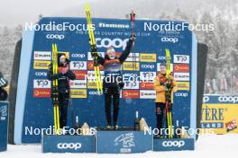 06.01.2024, Val di Fiemme, Italy (ITA): Frida Karlsson (SWE), Linn Svahn (SWE), Katharina Hennig (GER), (l-r) - FIS world cup cross-country, tour de ski, mass, Val di Fiemme (ITA). www.nordicfocus.com. © Modica/NordicFocus. Every downloaded picture is fee-liable.