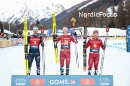 27.01.2024, Goms, Switzerland (SUI): Lucas Chanavat (FRA), Johannes Hoesflot Klaebo (NOR), Haavard Solaas Taugboel (NOR), (l-r) - FIS world cup cross-country, individual sprint, Goms (SUI). www.nordicfocus.com. © Modica/NordicFocus. Every downloaded picture is fee-liable.