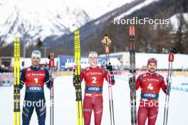 27.01.2024, Goms, Switzerland (SUI): Lucas Chanavat (FRA), Johannes Hoesflot Klaebo (NOR), Haavard Solaas Taugboel (NOR), (l-r) - FIS world cup cross-country, individual sprint, Goms (SUI). www.nordicfocus.com. © Modica/NordicFocus. Every downloaded picture is fee-liable.