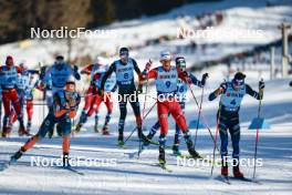 28.01.2024, Goms, Switzerland (SUI): Andrew Musgrave (GBR), Johannes Hoesflot Klaebo (NOR), Hugo Lapalus (FRA), (l-r)  - FIS world cup cross-country, mass, Goms (SUI). www.nordicfocus.com. © Modica/NordicFocus. Every downloaded picture is fee-liable.