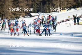 28.01.2024, Goms, Switzerland (SUI): Harald Oestberg Amundsen (NOR), Simen Hegstad Krueger (NOR), Andrew Musgrave (GBR), Johan Haeggstroem (SWE), Jens Burman (SWE), Johannes Hoesflot Klaebo (NOR), Hugo Lapalus (FRA), Jules Lapierre (FRA), (l-r)  - FIS world cup cross-country, mass, Goms (SUI). www.nordicfocus.com. © Modica/NordicFocus. Every downloaded picture is fee-liable.