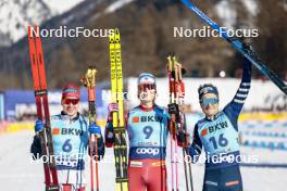 28.01.2024, Goms, Switzerland (SUI): Simen Hegstad Krueger (NOR), Johannes Hoesflot Klaebo (NOR), Jules Lapierre (FRA), (l-r) - FIS world cup cross-country, mass, Goms (SUI). www.nordicfocus.com. © Modica/NordicFocus. Every downloaded picture is fee-liable.