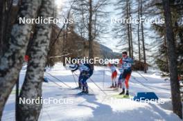 28.01.2024, Goms, Switzerland (SUI): Maurice Manificat (FRA), Jonas Baumann (SUI), Gus Schumacher (USA), Sasha Masson (CAN), (l-r)  - FIS world cup cross-country, mass, Goms (SUI). www.nordicfocus.com. © Modica/NordicFocus. Every downloaded picture is fee-liable.