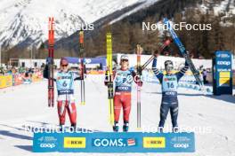 28.01.2024, Goms, Switzerland (SUI): Simen Hegstad Krueger (NOR), Johannes Hoesflot Klaebo (NOR), Jules Lapierre (FRA), (l-r) - FIS world cup cross-country, mass, Goms (SUI). www.nordicfocus.com. © Modica/NordicFocus. Every downloaded picture is fee-liable.