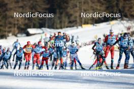 28.01.2024, Goms, Switzerland (SUI): Harald Oestberg Amundsen (NOR), Andrew Musgrave (GBR), Friedrich Moch (GER), Johannes Hoesflot Klaebo (NOR), Hugo Lapalus (FRA), Jules Lapierre (FRA), (l-r), (l-r)  - FIS world cup cross-country, mass, Goms (SUI). www.nordicfocus.com. © Modica/NordicFocus. Every downloaded picture is fee-liable.