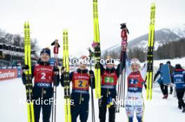 26.01.2024, Goms, Switzerland (SUI): William Poromaa (SWE), Jens Burman (SWE), Frida Karlsson (SWE), Linn Svahn (SWE), (l-r)  - FIS world cup cross-country, mixed relay, Goms (SUI). www.nordicfocus.com. © Modica/NordicFocus. Every downloaded picture is fee-liable.