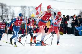 26.01.2024, Goms, Switzerland (SUI): Lauri Vuorinen (FIN), Cyril Faehndrich (SUI), Jonas Baumann (SUI), (l-r)  - FIS world cup cross-country, mixed relay, Goms (SUI). www.nordicfocus.com. © Modica/NordicFocus. Every downloaded picture is fee-liable.