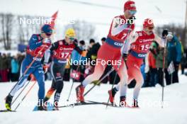 26.01.2024, Goms, Switzerland (SUI): Lauri Vuorinen (FIN), Cyril Faehndrich (SUI), Jonas Baumann (SUI), (l-r)  - FIS world cup cross-country, mixed relay, Goms (SUI). www.nordicfocus.com. © Modica/NordicFocus. Every downloaded picture is fee-liable.