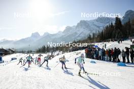 09.02.2024, Canmore, Canada (CAN): Sophia Laukli (USA), Astrid Oeyre Slind (NOR), Delphine Claudel (FRA), Jessie Diggins (USA), Ebba Andersson (SWE), (l-r)  - FIS world cup cross-country, 15km mass, Canmore (CAN). www.nordicfocus.com. © Modica/NordicFocus. Every downloaded picture is fee-liable.