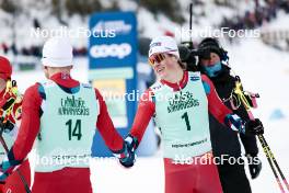 10.02.2024, Canmore, Canada (CAN): Even Northug (NOR), Johannes Hoesflot Klaebo (NOR), (l-r)  - FIS world cup cross-country, individual sprint, Canmore (CAN). www.nordicfocus.com. © Modica/NordicFocus. Every downloaded picture is fee-liable.
