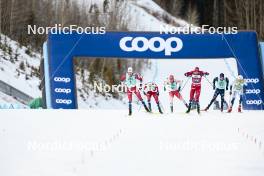 10.02.2024, Canmore, Canada (CAN): Johannes Hoesflot Klaebo (NOR), Even Northug (NOR), Janik Riebli (SUI), Erik Valnes (NOR), Elia Barp (ITA), Edvin Anger (SWE), (l-r)  - FIS world cup cross-country, individual sprint, Canmore (CAN). www.nordicfocus.com. © Modica/NordicFocus. Every downloaded picture is fee-liable.