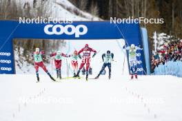 10.02.2024, Canmore, Canada (CAN): Johannes Hoesflot Klaebo (NOR), Even Northug (NOR), Janik Riebli (SUI), Erik Valnes (NOR), Elia Barp (ITA), Edvin Anger (SWE), (l-r)  - FIS world cup cross-country, individual sprint, Canmore (CAN). www.nordicfocus.com. © Modica/NordicFocus. Every downloaded picture is fee-liable.