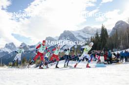 10.02.2024, Canmore, Canada (CAN): Johan Haeggstroem (SWE), Haavard Solaas Taugboel (NOR), Ben Ogden (USA), Johannes Hoesflot Klaebo (NOR), Lucas Chanavat (FRA), Edvin Anger (SWE), (l-r)  - FIS world cup cross-country, individual sprint, Canmore (CAN). www.nordicfocus.com. © Modica/NordicFocus. Every downloaded picture is fee-liable.