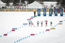 13.02.2024, Canmore, Canada (CAN): Gus Schumacher (USA), Valerio Grond (SUI), Renaud Jay (FRA), Johannes Hoesflot Klaebo (NOR), Erik Valnes (NOR), Miha Simenc (SLO), (l-r)  - FIS world cup cross-country, individual sprint, Canmore (CAN). www.nordicfocus.com. © Modica/NordicFocus. Every downloaded picture is fee-liable.