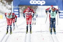 13.02.2024, Canmore, Canada (CAN): Johannes Hoesflot Klaebo (NOR), Erik Valnes (NOR), Richard Jouve (FRA), (l-r)  - FIS world cup cross-country, individual sprint, Canmore (CAN). www.nordicfocus.com. © Modica/NordicFocus. Every downloaded picture is fee-liable.