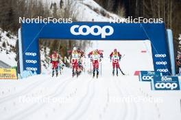 11.02.2024, Canmore, Canada (CAN): Mattis Stenshagen (NOR), Paal Golberg (NOR), Johannes Hoesflot Klaebo (NOR), Erik Valnes (NOR), (l-r)  - FIS world cup cross-country, mass, Canmore (CAN). www.nordicfocus.com. © Modica/NordicFocus. Every downloaded picture is fee-liable.