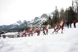 11.02.2024, Canmore, Canada (CAN): Calle Halfvarsson (SWE), Erik Valnes (NOR), Johannes Hoesflot Klaebo (NOR), Paal Golberg (NOR), Martin Loewstroem Nyenget (NOR), Simen Hegstad Krueger (NOR), Harald Oestberg Amundsen (NOR), (l-r)  - FIS world cup cross-country, mass, Canmore (CAN). www.nordicfocus.com. © Modica/NordicFocus. Every downloaded picture is fee-liable.