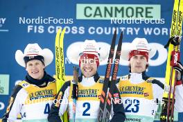 11.02.2024, Canmore, Canada (CAN): Johannes Hoesflot Klaebo (NOR), Paal Golberg (NOR), Mattis Stenshagen (NOR), (l-r) - FIS world cup cross-country, mass, Canmore (CAN). www.nordicfocus.com. © Modica/NordicFocus. Every downloaded picture is fee-liable.