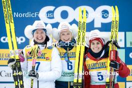 11.02.2024, Canmore, Canada (CAN): Kerttu Niskanen (FIN), Frida Karlsson (SWE), Heidi Weng (NOR), (l-r) - FIS world cup cross-country, mass, Canmore (CAN). www.nordicfocus.com. © Modica/NordicFocus. Every downloaded picture is fee-liable.