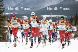 11.02.2024, Canmore, Canada (CAN): Harald Oestberg Amundsen (NOR), Paal Golberg (NOR), Mika Vermeulen (AUT), (l-r)  - FIS world cup cross-country, mass, Canmore (CAN). www.nordicfocus.com. © Modica/NordicFocus. Every downloaded picture is fee-liable.