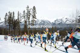 11.02.2024, Canmore, Canada (CAN): Cyril Faehndrich (SUI), Richard Jouve (FRA), Edvin Anger (SWE), Thomas Maloney Westgaard (IRL), Johan Haeggstroem (SWE), Simone Dapra (ITA), (l-r)  - FIS world cup cross-country, mass, Canmore (CAN). www.nordicfocus.com. © Modica/NordicFocus. Every downloaded picture is fee-liable.