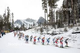 11.02.2024, Canmore, Canada (CAN): Martin Loewstroem Nyenget (NOR), William Poromaa (SWE), Antoine Cyr (CAN), Erik Valnes (NOR), Friedrich Moch (GER), (l-r)  - FIS world cup cross-country, mass, Canmore (CAN). www.nordicfocus.com. © Modica/NordicFocus. Every downloaded picture is fee-liable.