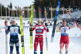 03.03.2024, Lahti, Finland (FIN): Lucas Chanavat (FRA), Johannes Hoesflot Klaebo (NOR), Valerio Grond (SUI), (l-r) - FIS world cup cross-country, individual sprint, Lahti (FIN). www.nordicfocus.com. © Modica/NordicFocus. Every downloaded picture is fee-liable.