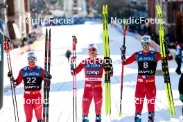12.03.2024, Drammen, Norway (NOR): Haavard Solaas Taugboel (NOR), Johannes Hoesflot Klaebo (NOR), Even Northug (NOR), (l-r)  - FIS world cup cross-country, individual sprint, Drammen (NOR). www.nordicfocus.com. © Modica/NordicFocus. Every downloaded picture is fee-liable.