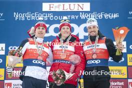 15.03.2024, Falun, Sweden (SWE): Erik Valnes (NOR), Johannes Hoesflot Klaebo (NOR), Lucas Chanavat (FRA), (l-r)  - FIS world cup cross-country, cups, Falun (SWE). www.nordicfocus.com. © Modica/NordicFocus. Every downloaded picture is fee-liable.
