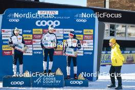 15.03.2024, Falun, Sweden (SWE): Erik Valnes (NOR), Johannes Hoesflot Klaebo (NOR), Harald Oestberg Amundsen (NOR), (l-r)  - FIS world cup cross-country, cups, Falun (SWE). www.nordicfocus.com. © Modica/NordicFocus. Every downloaded picture is fee-liable.