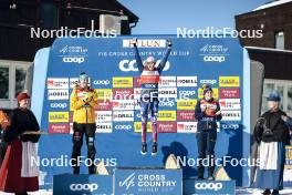 15.03.2024, Falun, Sweden (SWE): Victoria Carl (GER), Jessie Diggins (USA), Ebba Andersson (SWE), (l-r)  - FIS world cup cross-country, cups, Falun (SWE). www.nordicfocus.com. © Modica/NordicFocus. Every downloaded picture is fee-liable.