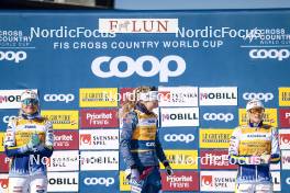 15.03.2024, Falun, Sweden (SWE): Linn Svahn (SWE), Jessie Diggins (USA), Frida Karlsson (SWE), (l-r)  - FIS world cup cross-country, cups, Falun (SWE). www.nordicfocus.com. © Modica/NordicFocus. Every downloaded picture is fee-liable.