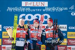 15.03.2024, Falun, Sweden (SWE): Johannes Hoesflot Klaebo (NOR), Harald Oestberg Amundsen (NOR), Paal Golberg (NOR), (l-r)  - FIS world cup cross-country, cups, Falun (SWE). www.nordicfocus.com. © Modica/NordicFocus. Every downloaded picture is fee-liable.