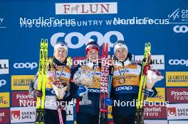 15.03.2024, Falun, Sweden (SWE): Johannes Hoesflot Klaebo (NOR), Harald Oestberg Amundsen (NOR), Erik Valnes (NOR), (l-r)  - FIS world cup cross-country, cups, Falun (SWE). www.nordicfocus.com. © Modica/NordicFocus. Every downloaded picture is fee-liable.