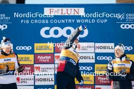 15.03.2024, Falun, Sweden (SWE): Johannes Hoesflot Klaebo (NOR), Harald Oestberg Amundsen (NOR), Erik Valnes (NOR), (l-r)  - FIS world cup cross-country, cups, Falun (SWE). www.nordicfocus.com. © Modica/NordicFocus. Every downloaded picture is fee-liable.