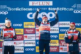 15.03.2024, Falun, Sweden (SWE): Johannes Hoesflot Klaebo (NOR), Harald Oestberg Amundsen (NOR), Paal Golberg (NOR), (l-r)  - FIS world cup cross-country, cups, Falun (SWE). www.nordicfocus.com. © Modica/NordicFocus. Every downloaded picture is fee-liable.