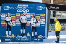 15.03.2024, Falun, Sweden (SWE): Erik Valnes (NOR), Johannes Hoesflot Klaebo (NOR), Harald Oestberg Amundsen (NOR), (l-r)  - FIS world cup cross-country, cups, Falun (SWE). www.nordicfocus.com. © Modica/NordicFocus. Every downloaded picture is fee-liable.