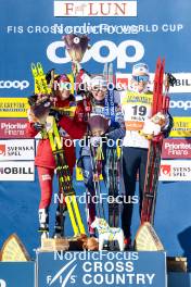 17.03.2024, Falun, Sweden (SWE): Heidi Weng (NOR), Jessie Diggins (USA), Anne Kjersti Kalvaa (NOR), (l-r) - FIS world cup cross-country, mass, Falun (SWE). www.nordicfocus.com. © Modica/NordicFocus. Every downloaded picture is fee-liable.