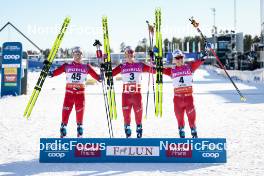 17.03.2024, Falun, Sweden (SWE): Gjoeran Tefre (NOR), Johannes Hoesflot Klaebo (NOR), Martin Loewstroem Nyenget (NOR), (l-r) - FIS world cup cross-country, mass, Falun (SWE). www.nordicfocus.com. © Modica/NordicFocus. Every downloaded picture is fee-liable.