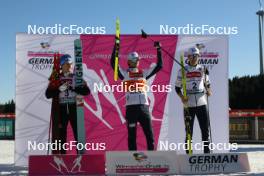 28.01.2024, Schonach, Germany (GER): Stefan Rettenegger (AUT), Jarl Magnus Riiber (NOR), Joergen Graabak (NOR), (l-r) - FIS world cup nordic combined men, individual gundersen HS100/10km, Schonach (GER). www.nordicfocus.com. © Volk/NordicFocus. Every downloaded picture is fee-liable.