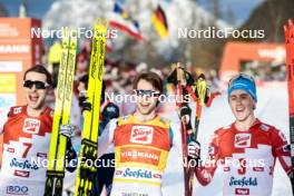 04.02.2024, Seefeld, Austria (AUT): Joergen Graabak (NOR), Jarl Magnus Riiber (NOR), Stefan Rettenegger (AUT), (l-r) - FIS world cup nordic combined men, individual gundersen HS109/12.5km, Seefeld (AUT). www.nordicfocus.com. © Modica/NordicFocus. Every downloaded picture is fee-liable.