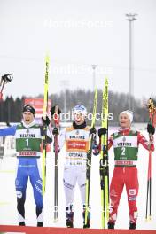 10.02.2024, Otepaeae, Estonia (EST): Kristjan Ilves (EST), Jarl Magnus Riiber (NOR), Johannes Lamparter (AUT), (l-r)  - FIS world cup nordic combined men, individual gundersen HS97/10km, Otepaeae (EST). www.nordicfocus.com. © Authamayou/NordicFocus. Every downloaded picture is fee-liable.