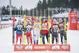 02.03.2024, Lahti, Finland (FIN): Stefan Rettenegger (AUT), Johannes Lamparter (AUT), Joergen Graabak (NOR), Jens Luraas Oftebro (NOR), Manuel Faisst (GER), Vinzenz Geiger (GER), (l-r) - FIS world cup nordic combined men, team sprint HS130/2x7.5km, Lahti (FIN). www.nordicfocus.com. © Thibaut/NordicFocus. Every downloaded picture is fee-liable.