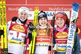 02.02.2024, Seefeld, Austria (AUT): Mari Leinan Lund (NOR), Ida Marie Hagen (NOR), Nathalie Armbruster (GER), (l-r) - FIS world cup nordic combined women, individual gundersen HS109/5km, Seefeld (AUT). www.nordicfocus.com. © Modica/NordicFocus. Every downloaded picture is fee-liable.