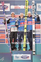 03.01.2024, Innsbruck, Austria (AUT): Ryoyu Kobayashi (JPN), Jan Hoerl (AUT), Michael Hayboeck (AUT), (l-r) - FIS world cup ski jumping men, four hills tournament, individual HS130, Innsbruck (AUT). www.nordicfocus.com. © Reichert/NordicFocus. Every downloaded picture is fee-liable.