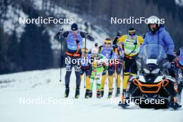 28.01.2024, Trentino, Italy (ITA): Emil Persson (SWE), Johannes Ekloef (SWE), Thomas Bing (GER), Amund Riege (NOR), Amund Hoel (NOR), (l-r) - Ski Classics Marcialonga, Trentino (ITA). www.nordicfocus.com. © Vanzetta/NordicFocus. Every downloaded picture is fee-liable.